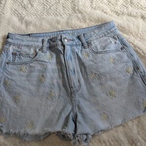 American Eagle Outfitters Light Blue Daisy Embroidered Denim Shorts